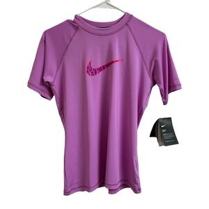 Nike Women's Size M Dri-Fit UPF 40+ Pink Swoosh Swim Short Sleeve Shirt Gorpcore